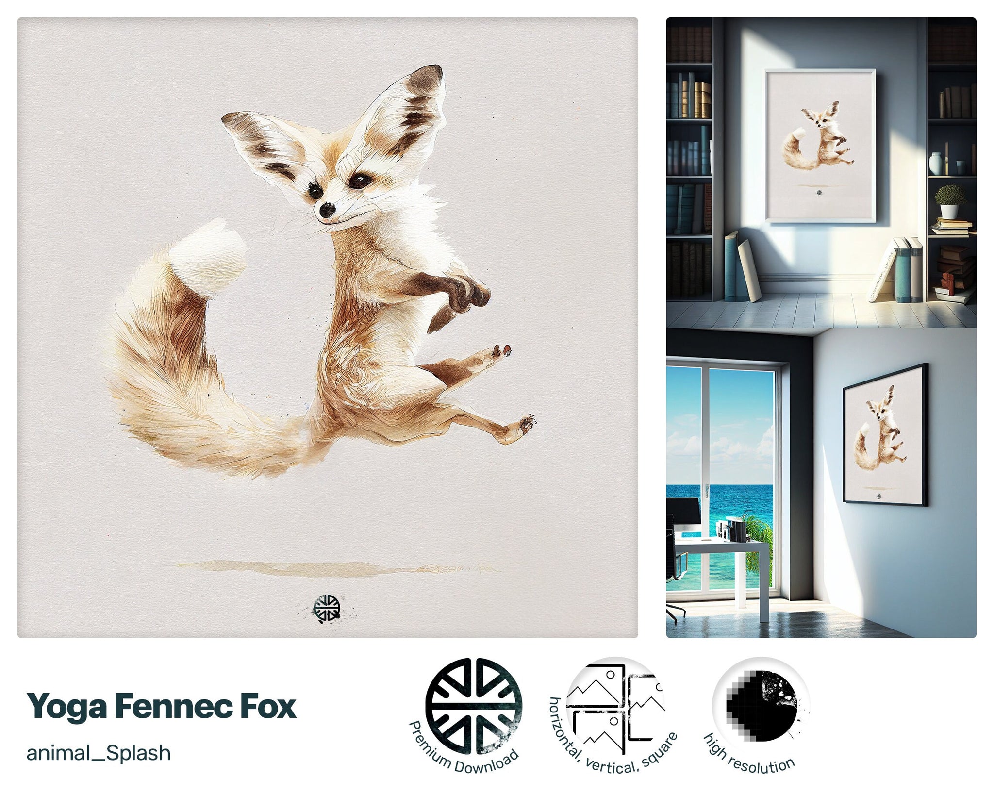 Energetic Winsome Yoga Fennec Fox, Joyful Sumptuous Lithographs, Adorable Sumptuous Happy Bright Funny Giclée print