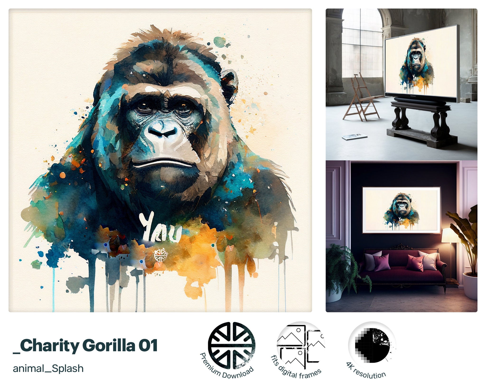 Samsung Art TV, Gorilla Fitness, premium download, drops and splashes, friendly wallpaper, art for kids