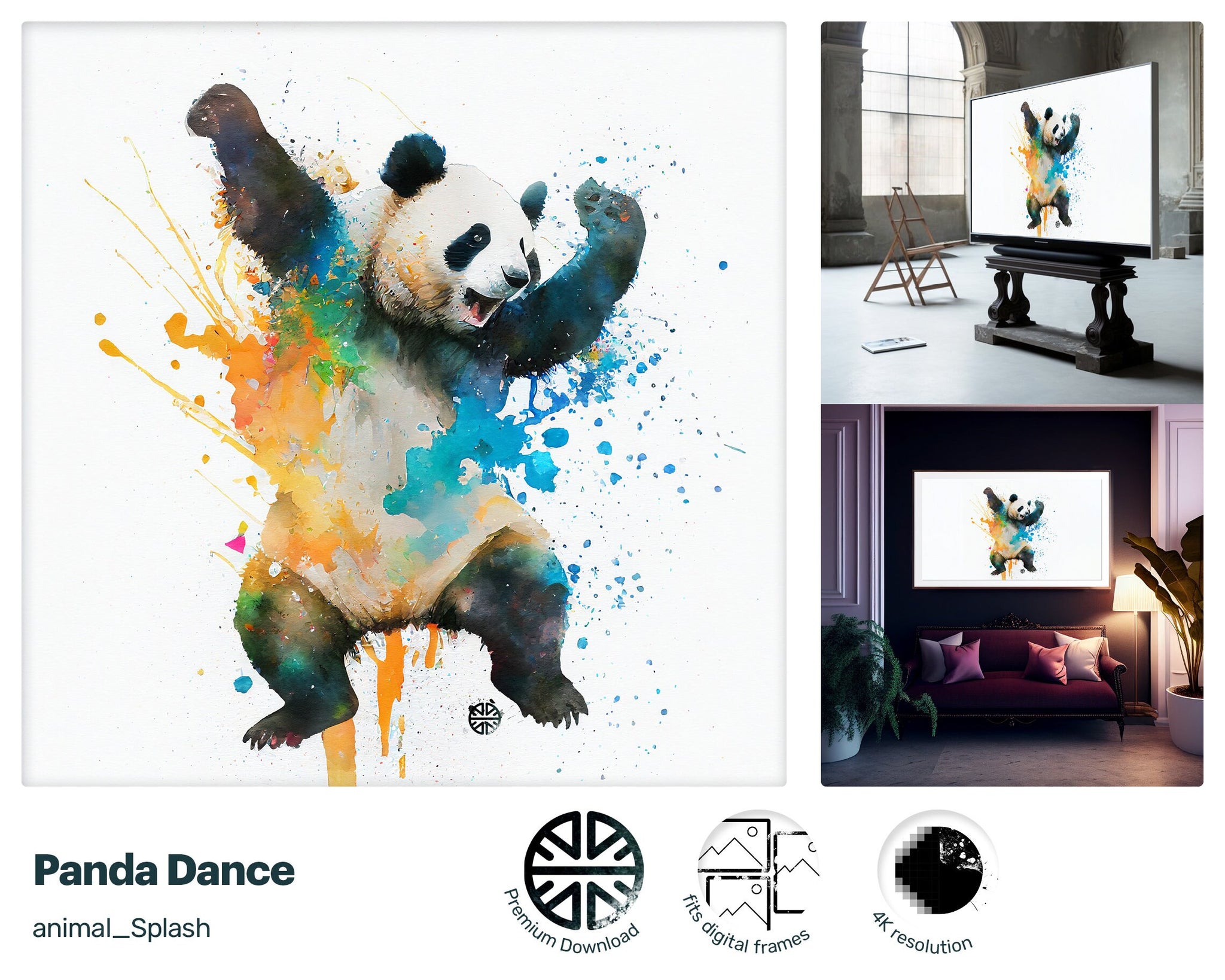 Samsung Art TV, Panda Dance, premium download, drops and splashes, friendly wallpaper, art for kids