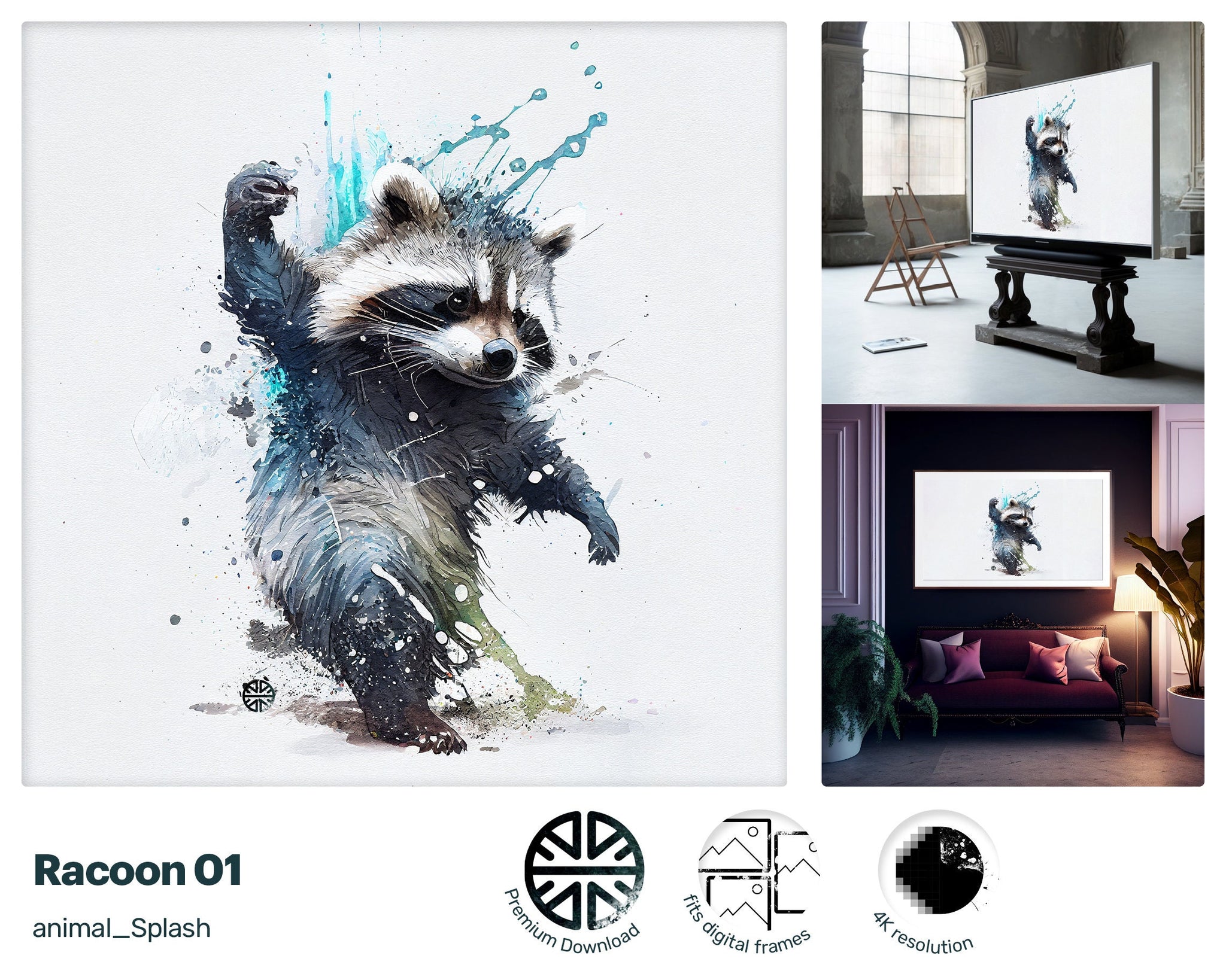 Samsung Art TV, Racoon Dab, premium download, drops and splashes, friendly wallpaper, art for kids