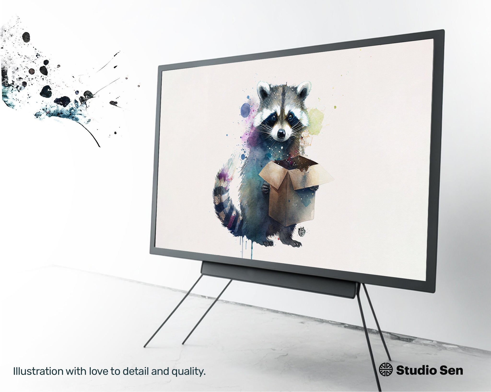 Samsung Art TV, Racoon Moves out, premium download, drops and splashes, friendly wallpaper, art for kids