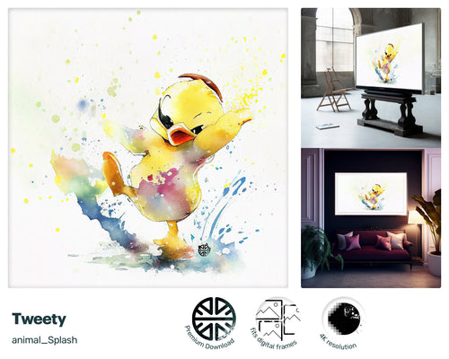TWEETY PAINTING, WATERCOLOR Digital Download Duck Bird Printable Art, Drops And Splashes Tv Art Decor, Housewarming Gift