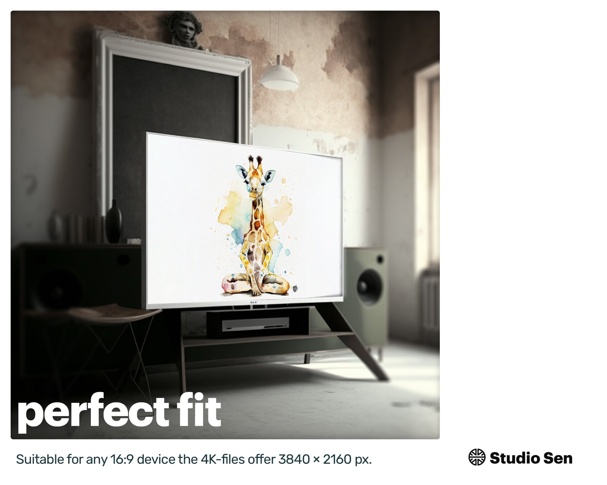 Samsung Art TV, Yoga Giraffe, premium download, drops and splashes, friendly wallpaper, art for kids