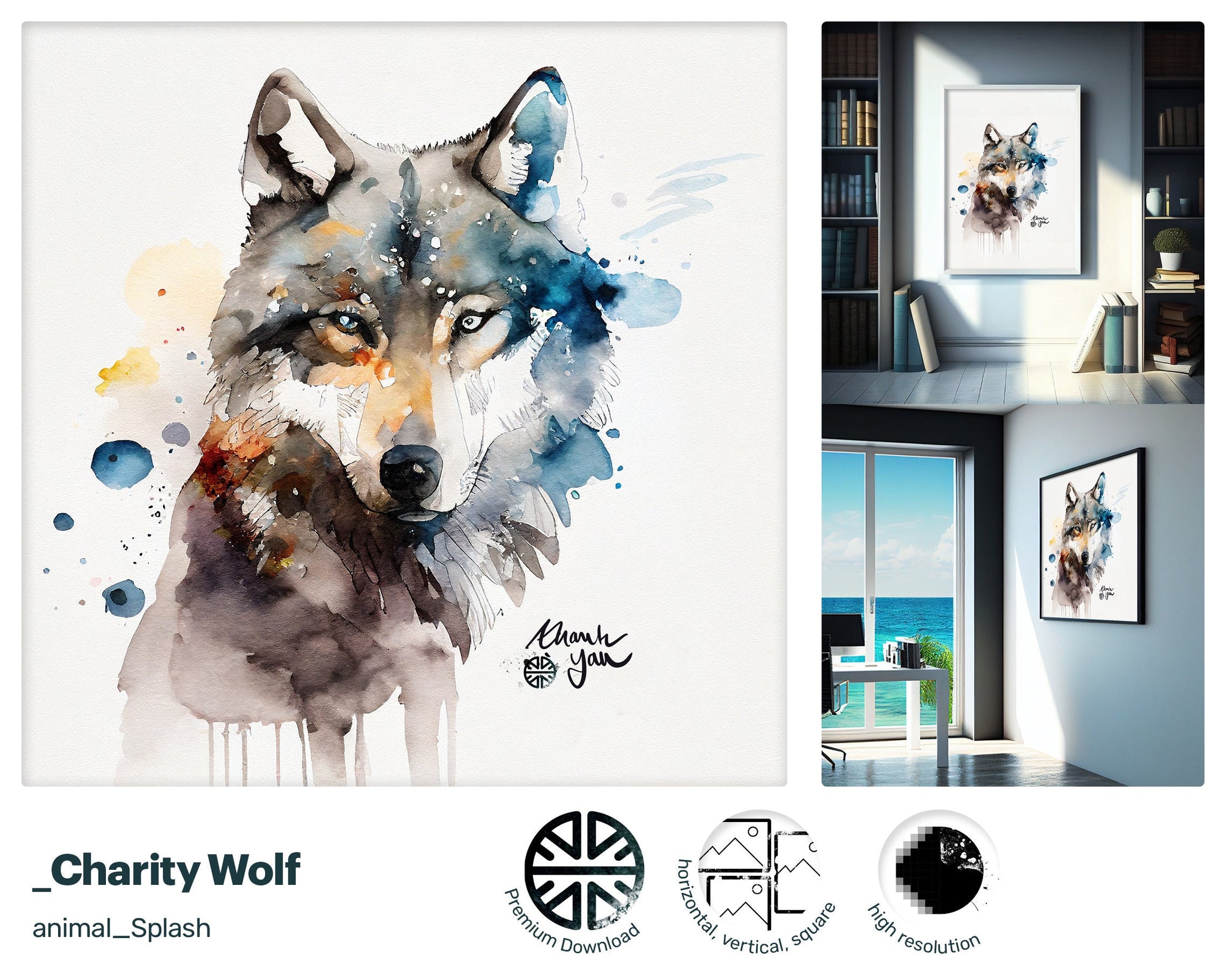 Majestic Sumptuous Wolf, Elegant Cute Art Piece, Vibrant Unique Digital Vibrant Drawn Lithographs