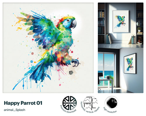 Happy Parrot style, Gift for kids, Printable Wall Art, Digital Download Print, drops and splashes