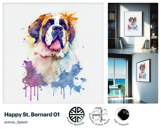 Gentle Pretty St Bernard, Downloadable Glitzy Giclée print, Zany Positive Refreshing Mesmerizing Drawn Lithographs