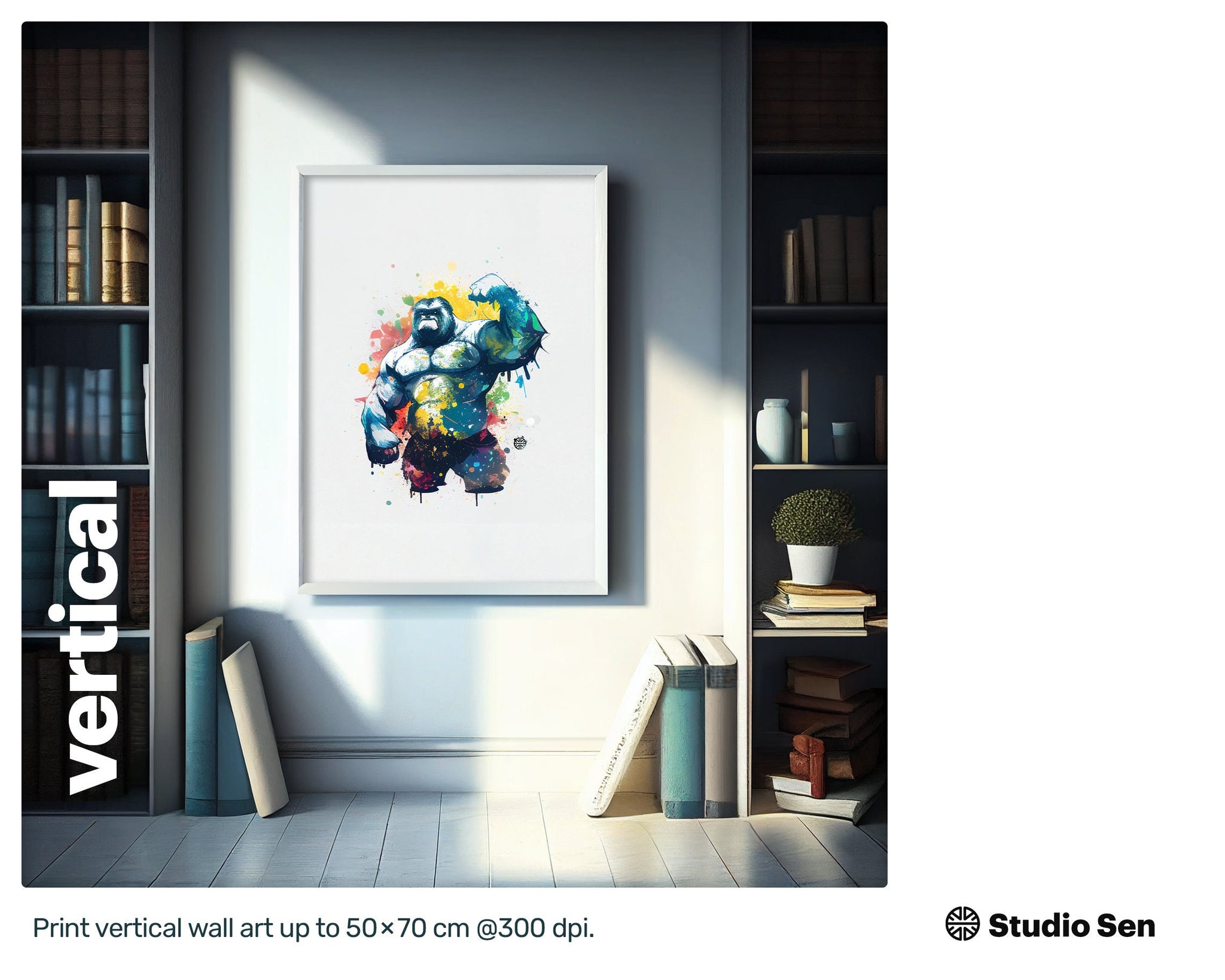 Strong Glowing Muscle Gorilla, Dynamic Drawn Lithographs, Blissful Refreshing Dancing Quirky Modern Prints