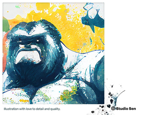 Strong Glowing Muscle Gorilla, Dynamic Drawn Lithographs, Blissful Refreshing Dancing Quirky Modern Prints