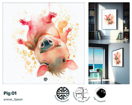 PIG PAINTING, WATERCOLOR Drops And Splashes Instant Download Pig Art Print, Unique Pig Kids Bedroom Wall Decor Print Gift For Pig Lovers