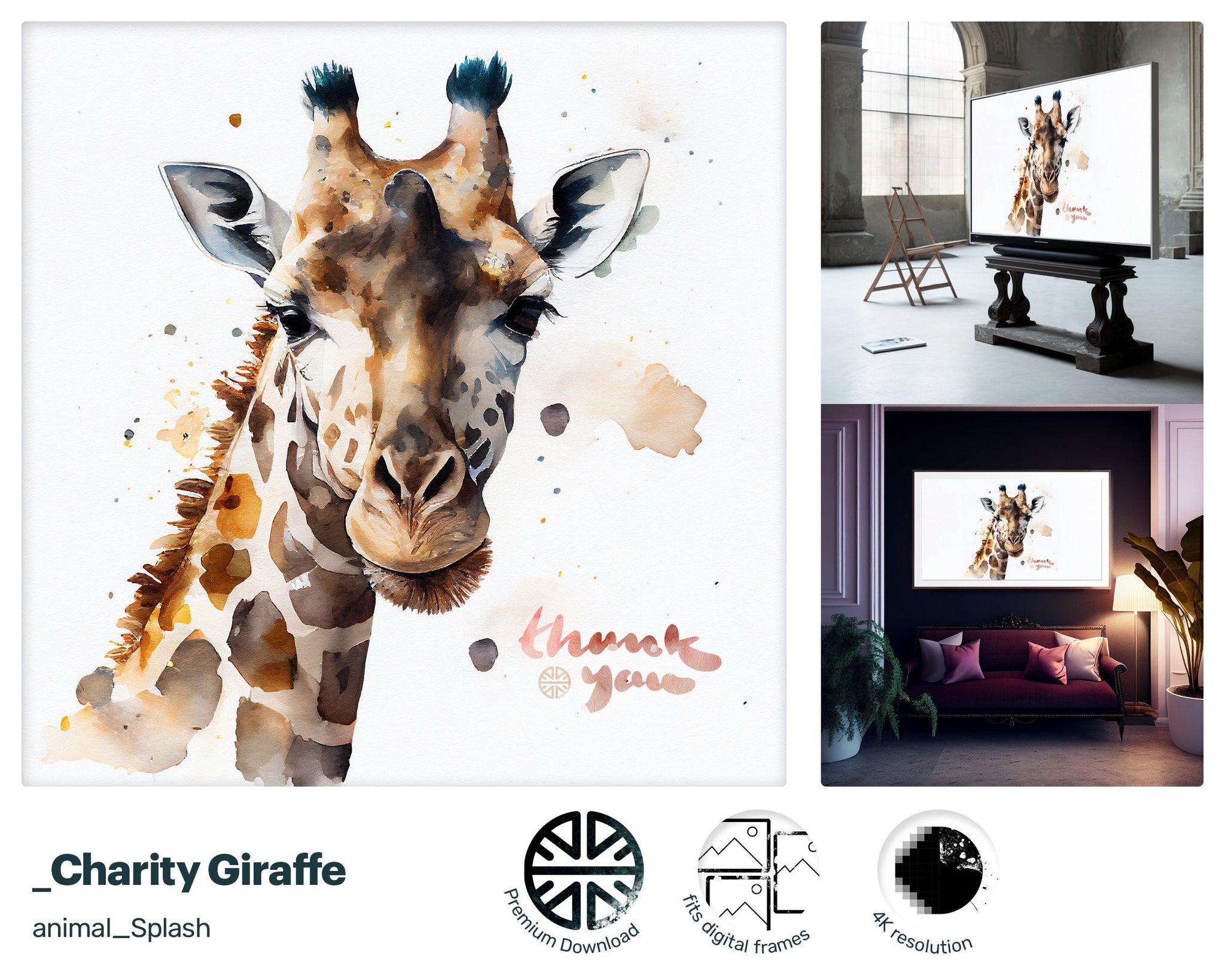 Samsung Art TV, Giraffe Yoga, premium download, drops and splashes, friendly wallpaper, art for kids