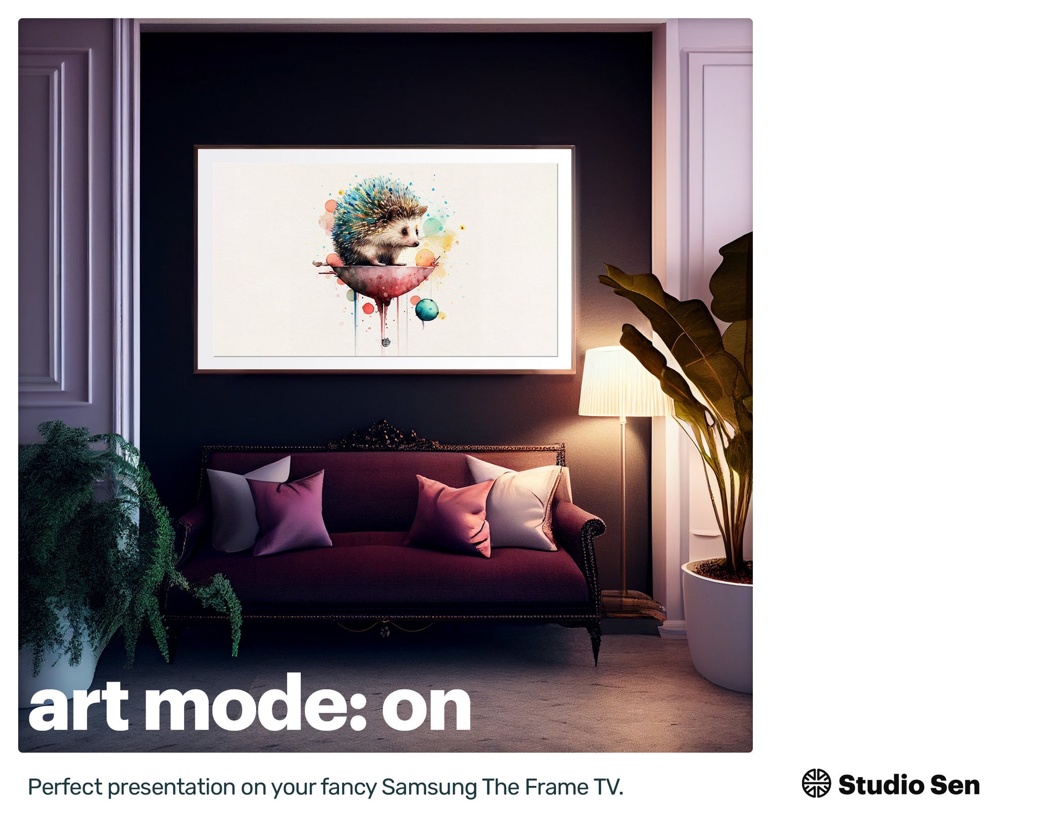 Samsung Art TV, Happy Hedgehog, premium download, drops and splashes, friendly wallpaper, art for kids