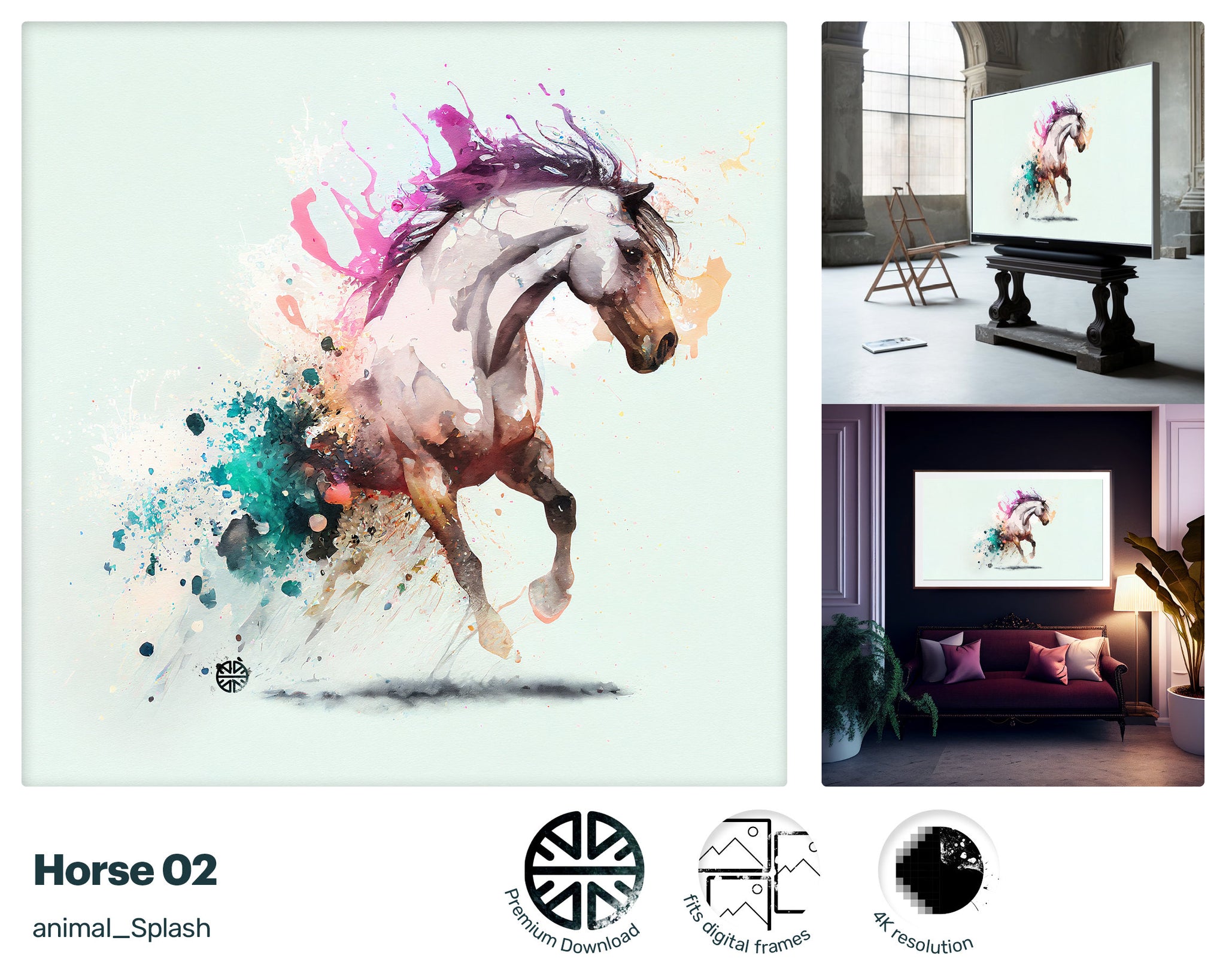 Samsung Art TV, Horse, premium download, drops and splashes, friendly wallpaper, art for kids