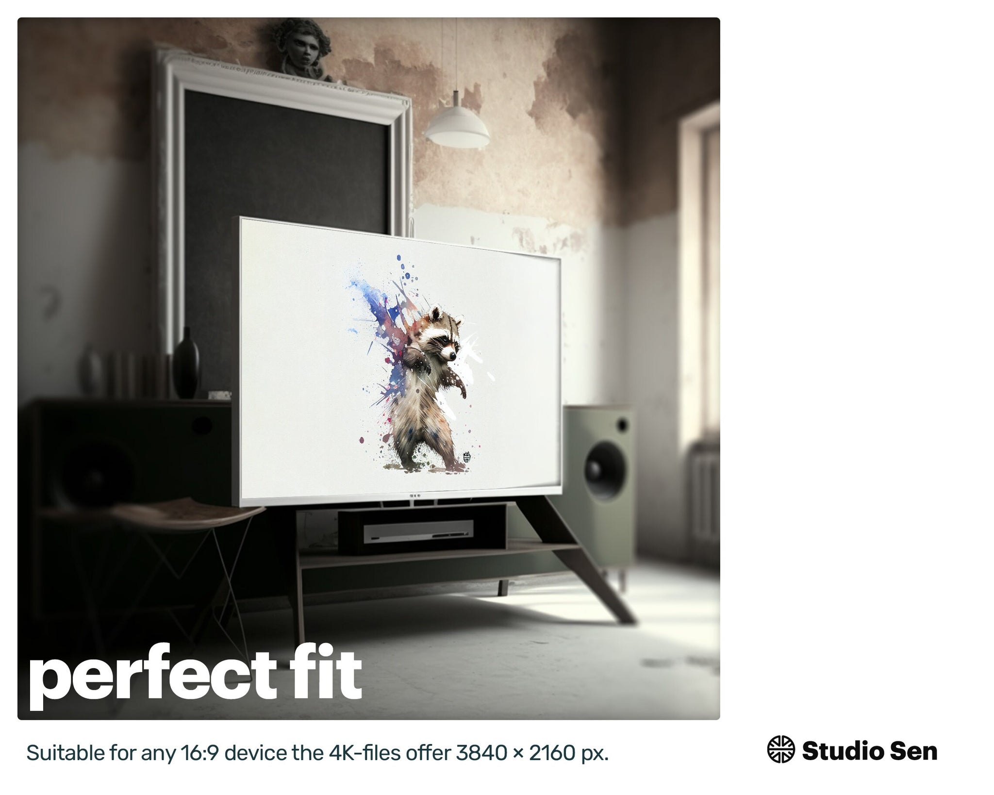 Samsung Art TV, Racoon Dance, premium download, drops and splashes, friendly wallpaper, art for kids