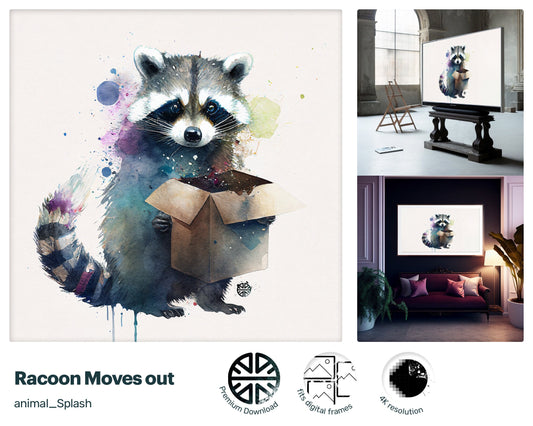 Samsung Art TV, Racoon Moves out, premium download, drops and splashes, friendly wallpaper, art for kids