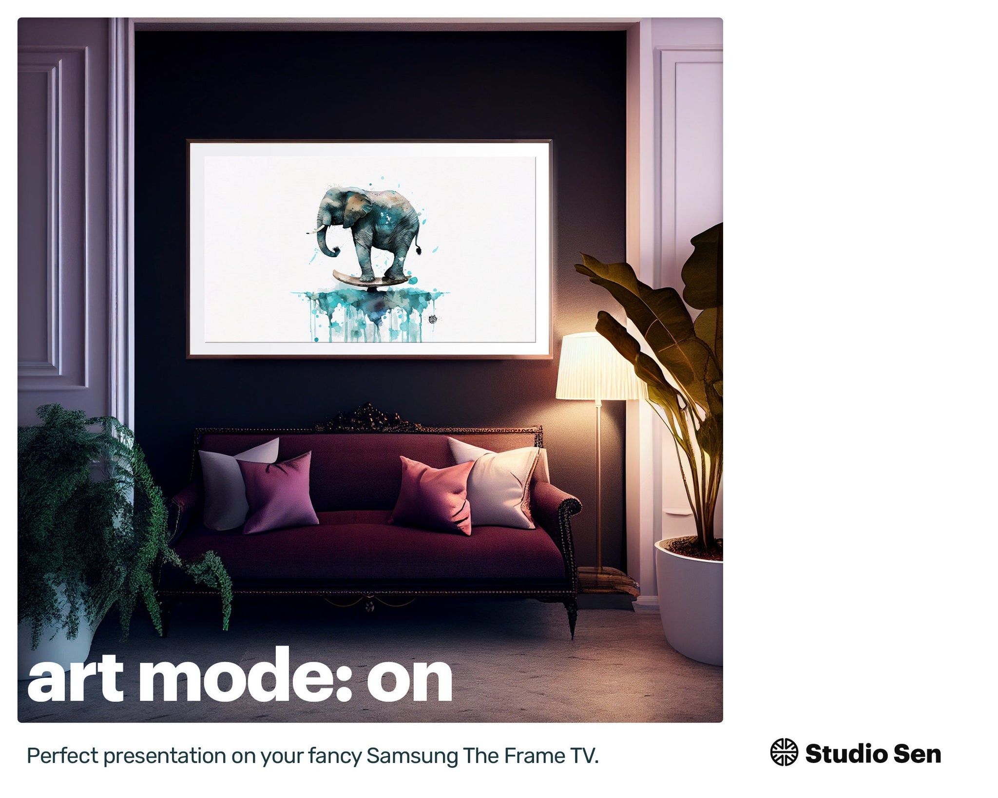 Samsung Art TV, Yoga Elephant, premium download, drops and splashes, friendly wallpaper, art for kids
