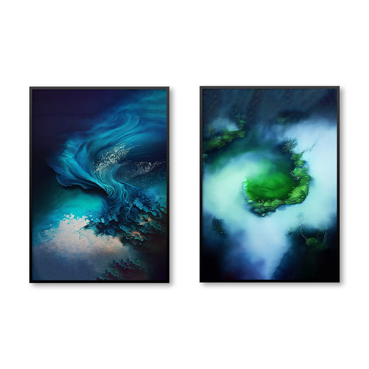 Aqua Duo Framed Prints: Aerial Watercolor of Sea Shore in Blue Hues - Elegant Dual Artwork Bundle, 50x70 cm